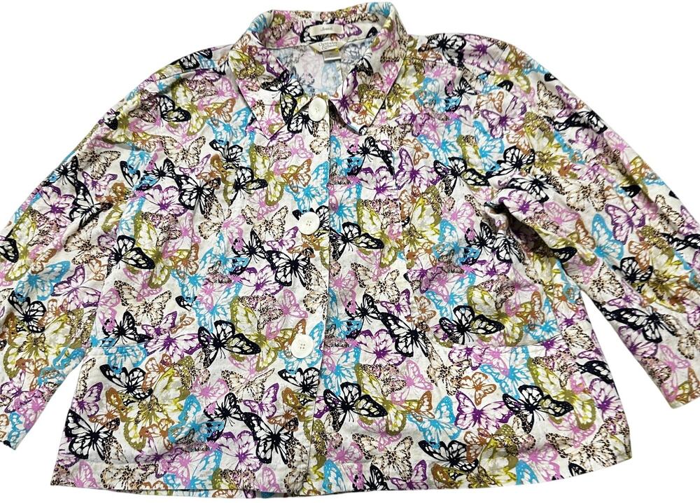 Christopher Banks Blouse XL Purple Beige Blue Green Butterfly Button Up Office